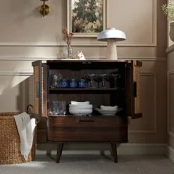 Izzy Curved Rattan 1-Drawer Small Sideboard, Walnut -Daals FT CAB 05 WALN scene2
