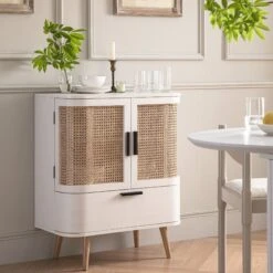 Izzy Curved Rattan 1-Drawer Small Sideboard, White