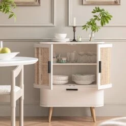 Izzy Curved Rattan 1-Drawer Small Sideboard, White -Daals FT CAB 05 WHITE scene2