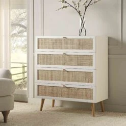 Frances Woven Rattan Tall Chest Of 4 Drawers, White
