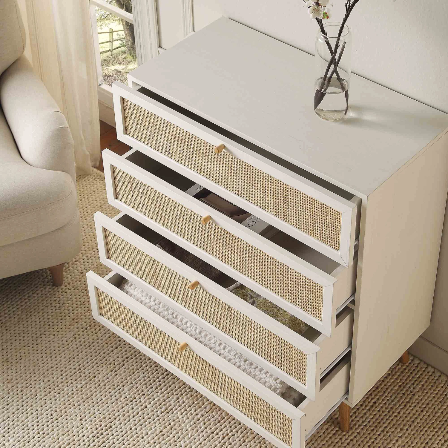 Frances Woven Rattan Tall Chest Of 4 Drawers, White 3 Frances Woven Rattan Tall Chest Of 4 Drawers, White - Image 3