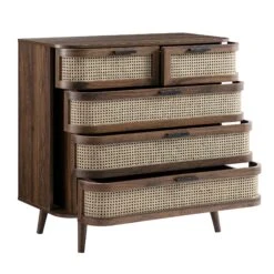 Izzy Curved Rattan Chest Of 5 Drawers, Walnut -Daals FT COD 06 WALN WB3