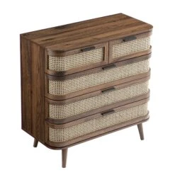 Izzy Curved Rattan Chest Of 5 Drawers, Walnut -Daals FT COD 06 WALN WB4
