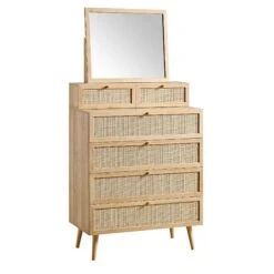 Frances Woven Rattan Tall Vanity Chest With Mirror, Natural -Daals FT COD MIRR 04 NAT WB2