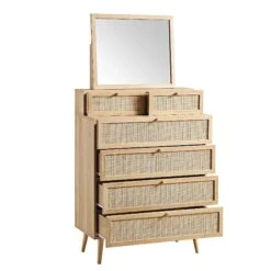 Frances Woven Rattan Tall Vanity Chest With Mirror, Natural -Daals FT COD MIRR 04 NAT WB3