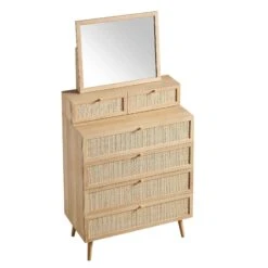 Frances Woven Rattan Tall Vanity Chest With Mirror, Natural -Daals FT COD MIRR 04 NAT WB6