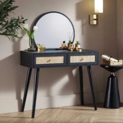 Frances Woven Rattan Dressing Table With Mirror, Black