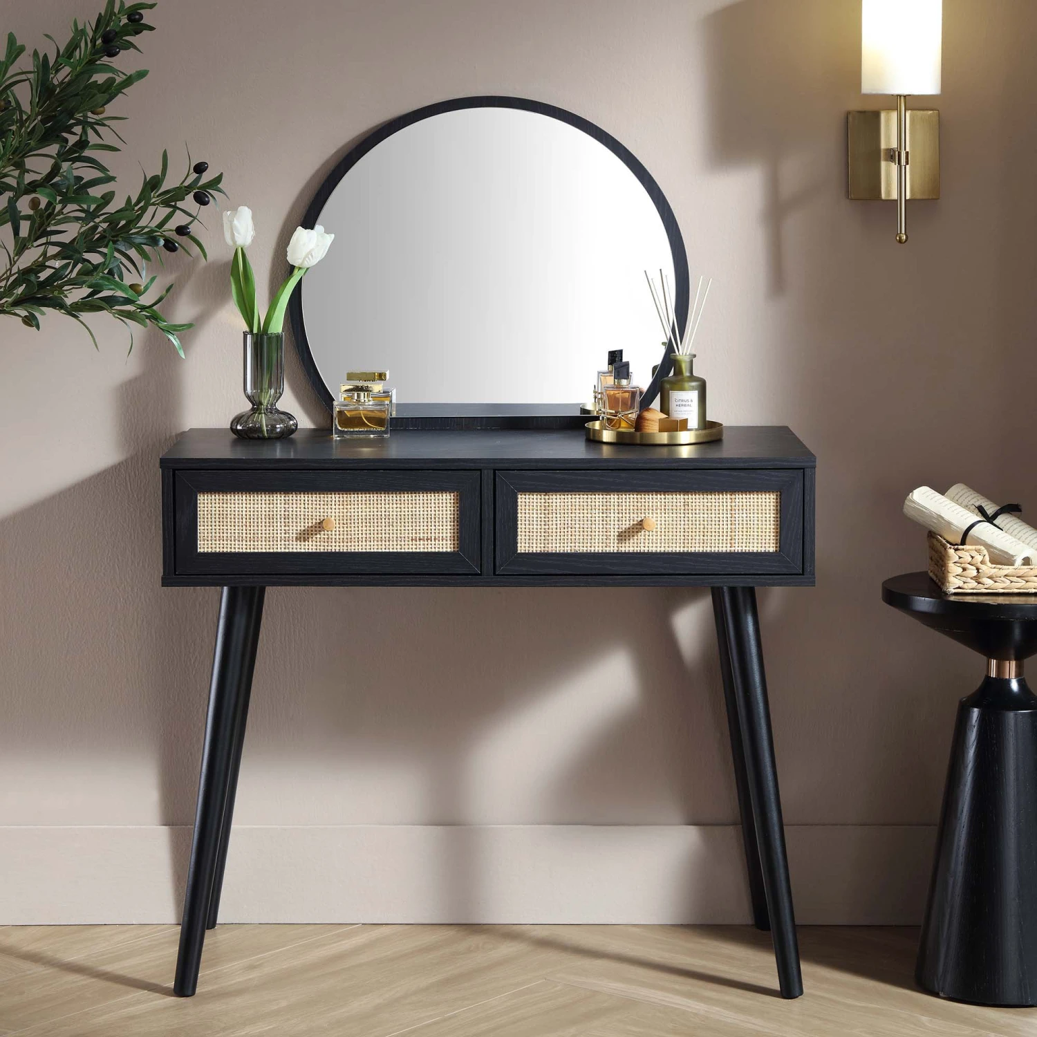 Frances Woven Rattan Dressing Table With Mirror, Black 2 Frances Woven Rattan Dressing Table With Mirror, Black - Image 2