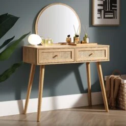 Frances Woven Rattan Dressing Table With Mirror, Natural