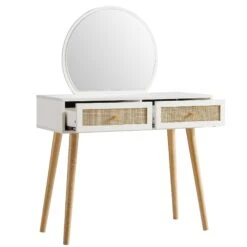 Frances Woven Rattan Dressing Table With Mirror, White -Daals FT DRTA 01 WHITE WB3
