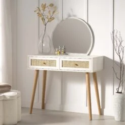 Frances Woven Rattan Dressing Table With Mirror, White