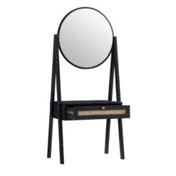 Frances Woven Rattan Standing Dressing Table With Mirror, Black -Daals FT DRTA 02 BLACK WB2