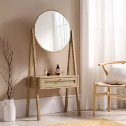 Frances Woven Rattan Standing Dressing Table With Mirror, Natural