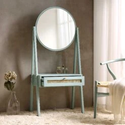 Frances Woven Rattan Standing Dressing Table With Mirror, Mint -Daals FT DRTA 02 SAGE scene2