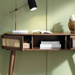 Izzy Curved Rattan 2-Door Table, Walnut -Daals FT DSK 03 WALN scene2