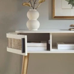 Izzy Curved Rattan 2-Door Table, White -Daals FT DSK 03 WHITE scene2