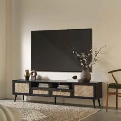 Frances Woven Rattan 200cm Wide TV Unit, Black