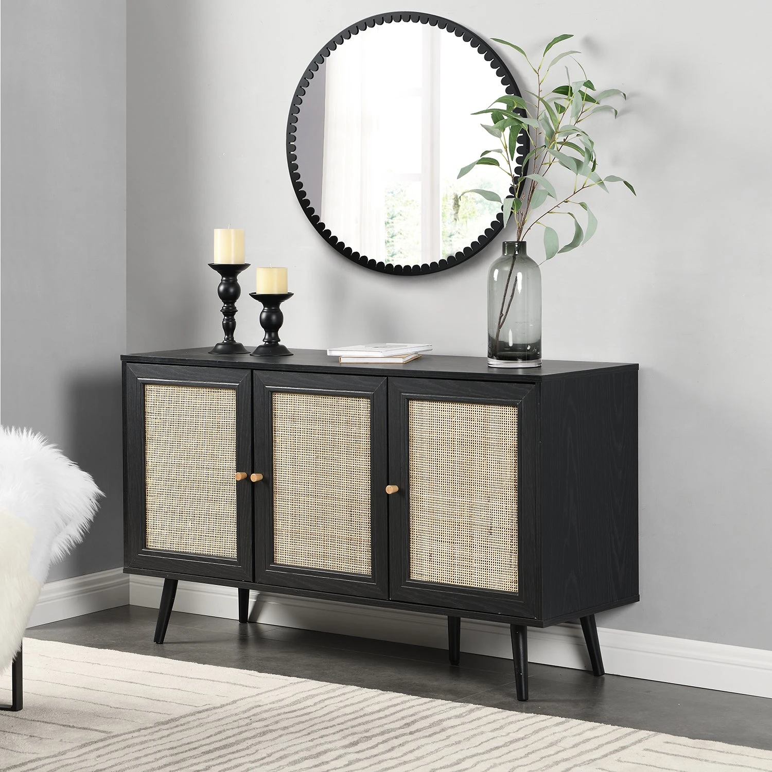 Frances Woven Rattan 3-Door Sideboard, Black 1 Frances Woven Rattan 3-Door Sideboard, Black