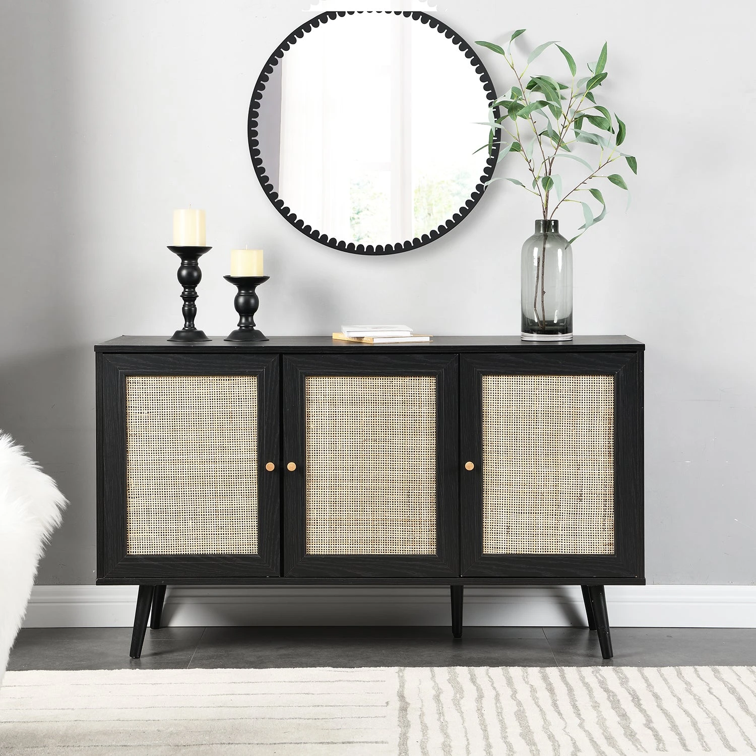 Frances Woven Rattan 3-Door Sideboard, Black 2 Frances Woven Rattan 3-Door Sideboard, Black - Image 2