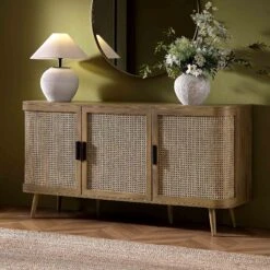 Izzy Curved Rattan Large 3-Door Sideboard, Natural