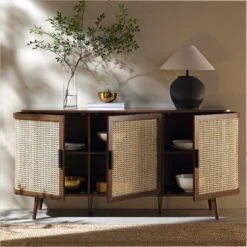 Izzy Curved Rattan Large 3-Door Sideboard, Walnut -Daals FT SB 03 WALN scene2