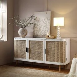 Izzy Curved Rattan Large 3-Door Sideboard, White