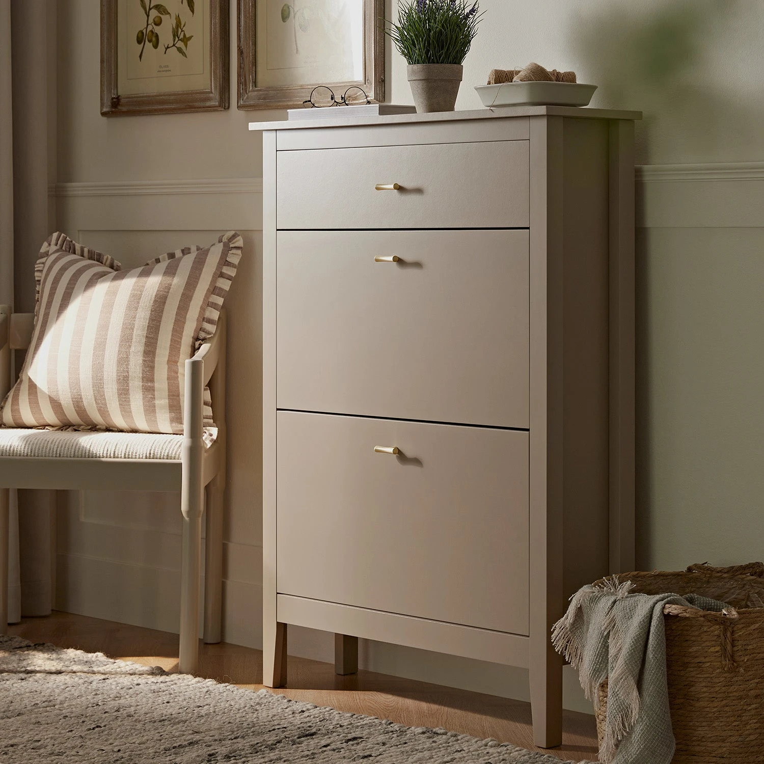 Oakham 2-Tier Shoe Cabinet With Top Drawer, Deep Greige 1 Oakham 2-Tier Shoe Cabinet With Top Drawer, Deep Greige