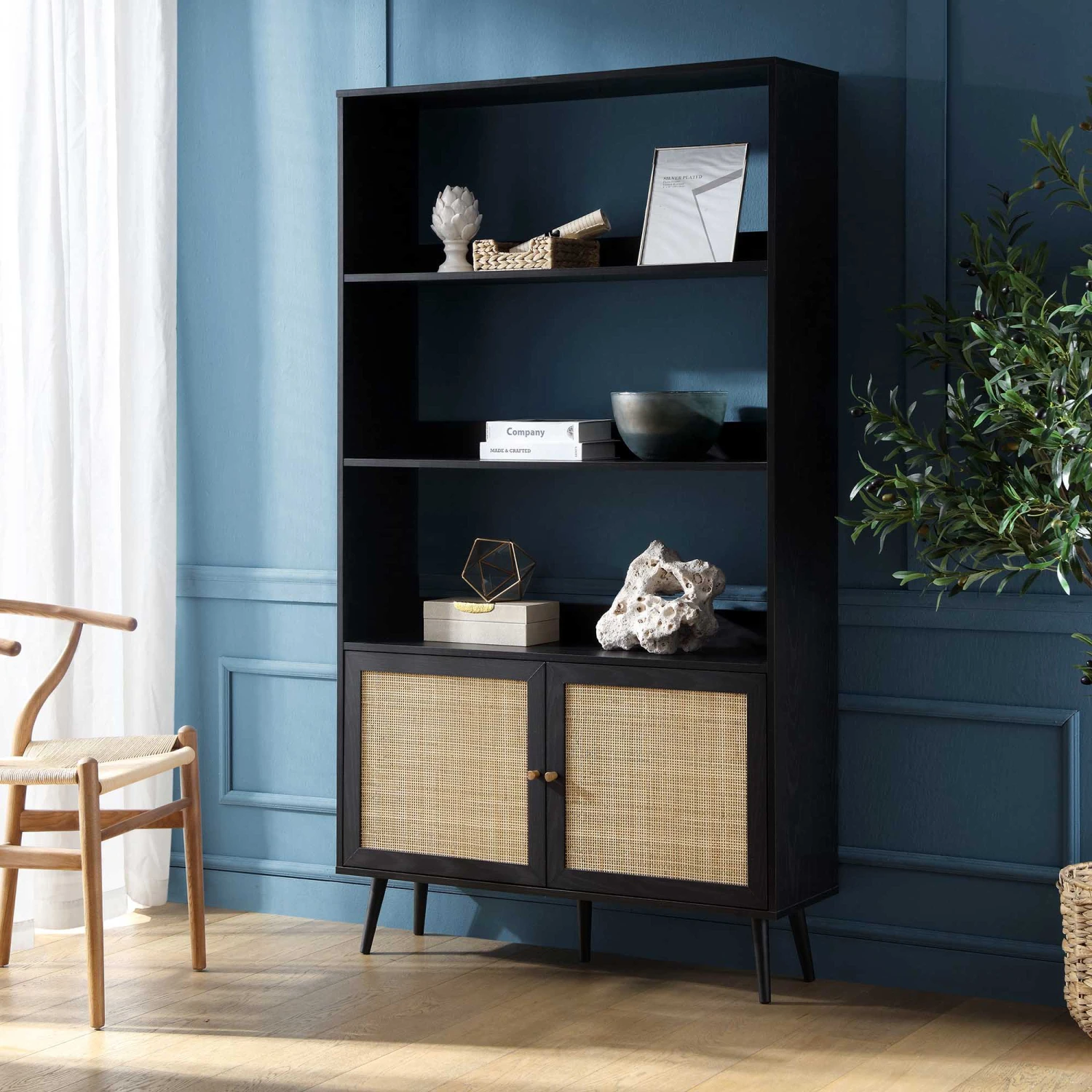 Frances Woven Rattan Bookcase With Doors, Black 1 Frances Woven Rattan Bookcase With Doors, Black