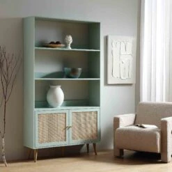 Frances Woven Rattan Bookcase With Doors, Mint