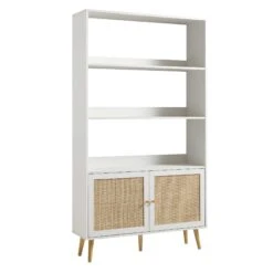 Frances Woven Rattan Bookcase With Doors, White -Daals FT SHELF 01 WHITE WB2