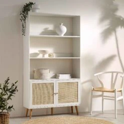 Frances Woven Rattan Bookcase With Doors, White