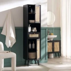 Frances Woven Rattan Tallboy Bathroom Unit, Black -Daals FT TALLB 01 BLACK scene2