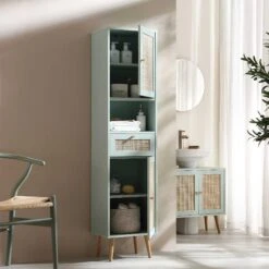 Frances Woven Rattan Tallboy Bathroom Unit, Mint Green -Daals FT TALLB 01 SAGE scene2