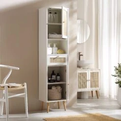 Frances Woven Rattan Tallboy Bathroom Unit, White -Daals FT TALLB 01 WHITE scene2