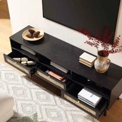 Frances Woven Rattan 160cm 3-Drawer TV Unit, Black -Daals FT TV 05 BLACK scene2