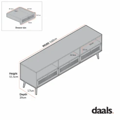 Frances Woven Rattan 160cm 3-Drawer TV Unit, Black -Daals FT TV 05 CHART 1
