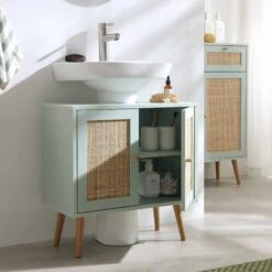 Frances Woven Rattan 2-Door Bathroom Undersink Unit, Mint Green -Daals FT UDS 01 SAGE scene2