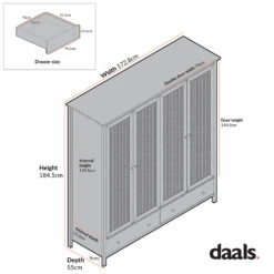 Frances Rattan 4-Door Wardrobe With 2 Drawers, Natural -Daals FT WARD 04 CHART 9236bb10 ed40 4647 a4e7 042af52fd220