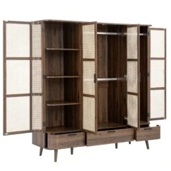 Izzy Curved Rattan 4-Door Wardrobe, Walnut -Daals FT WARD 07 WALN WB4