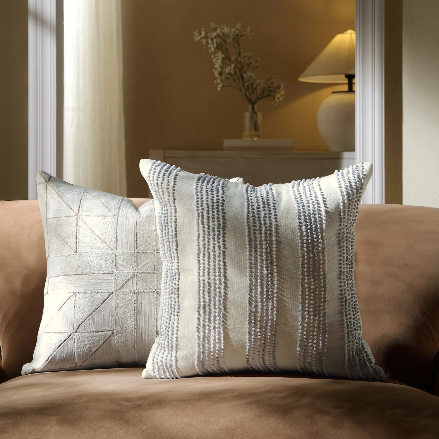 Indigo Collection Laguna French Knot White & Blue Cotton Cushion 1 Indigo Collection Laguna French Knot White & Blue Cotton Cushion