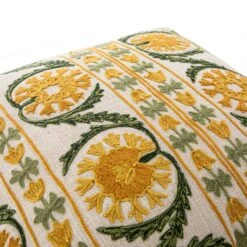 Indra Suzani Sundance Yellow Crewelwork Wool Embroidered Cushion -Daals HW CUSH SUZANI YELLOW detail1