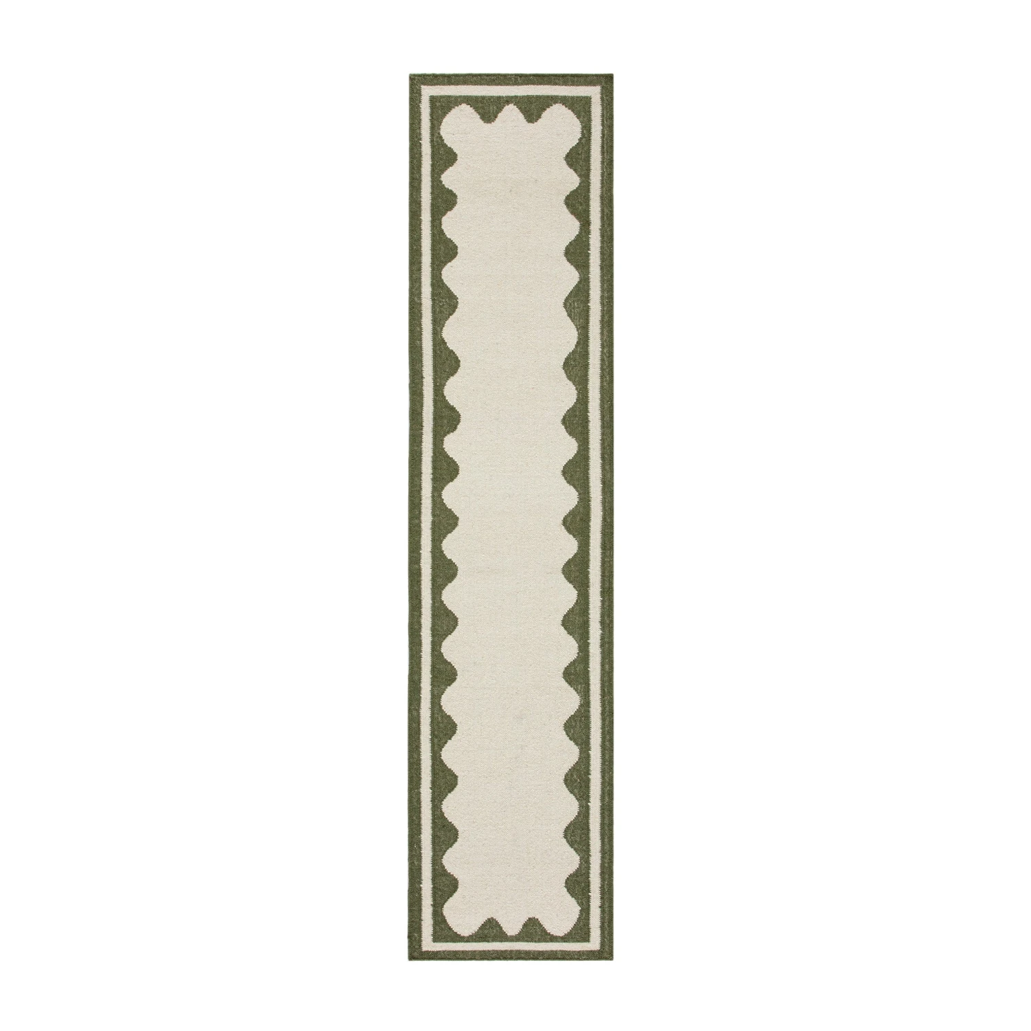 Matilda Olive Green Scallop Border Handwoven Wool Runner 1 Matilda Olive Green Scallop Border Handwoven Wool Runner