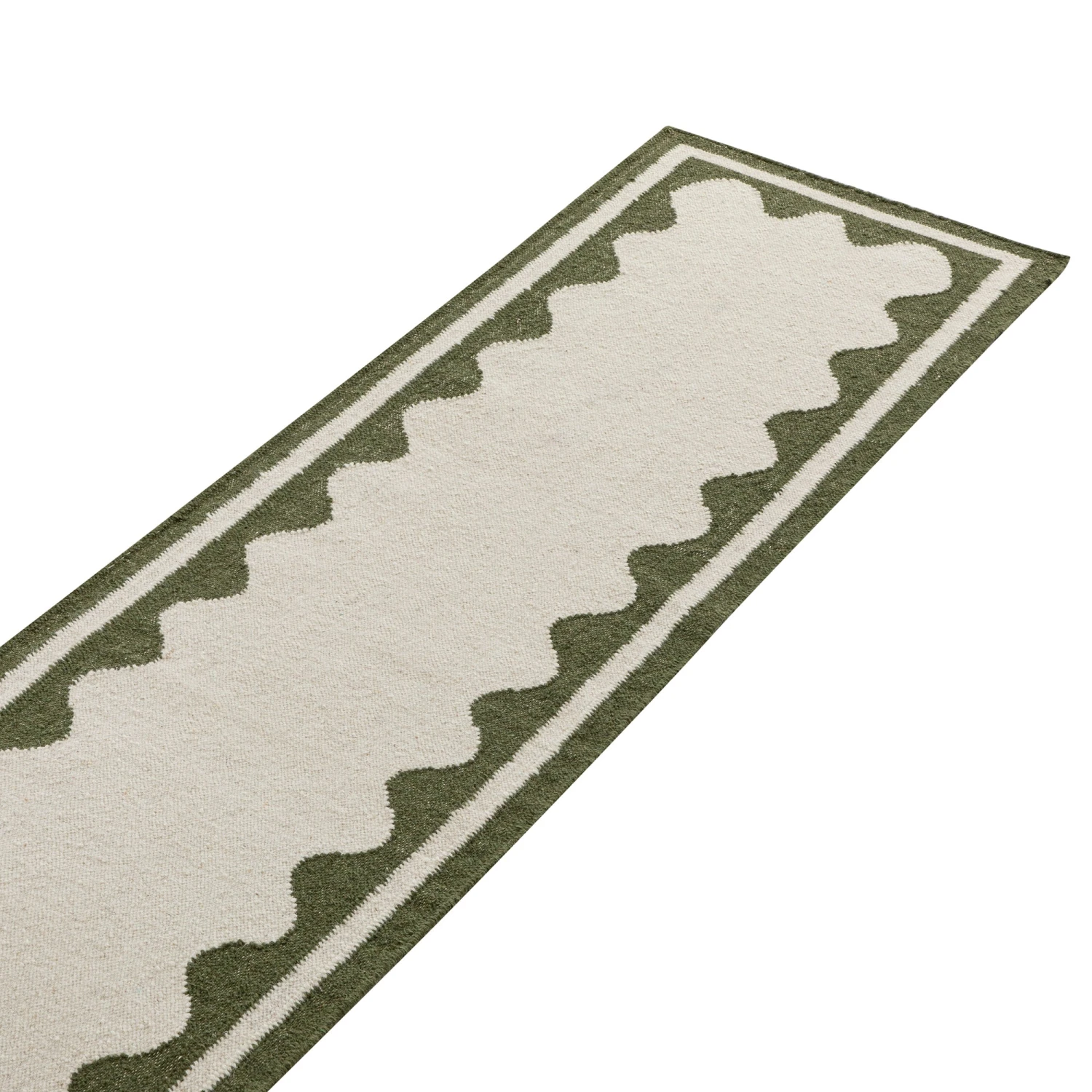 Matilda Olive Green Scallop Border Handwoven Wool Runner 2 Matilda Olive Green Scallop Border Handwoven Wool Runner - Image 2