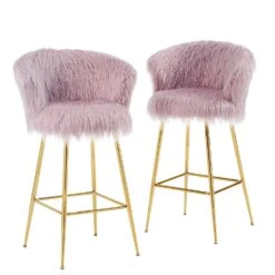 Kylie Set Of 2 Pink Plush Shaggy Faux Fur Bar Stools -Daals MB222PINKPLUSH P WB1