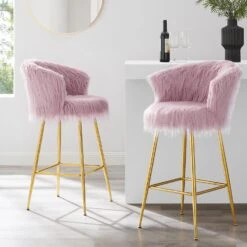 Kylie Set Of 2 Pink Plush Shaggy Faux Fur Bar Stools