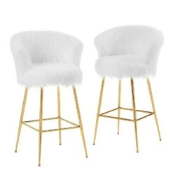 Kylie Set Of 2 White Plush Shaggy Faux Fur Bar Stools -Daals MB222WHITEPLUSH P WB1