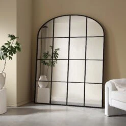 Portobello Arched Full Length Metal Frame Window Mirror 180 X 140 Cm, Black