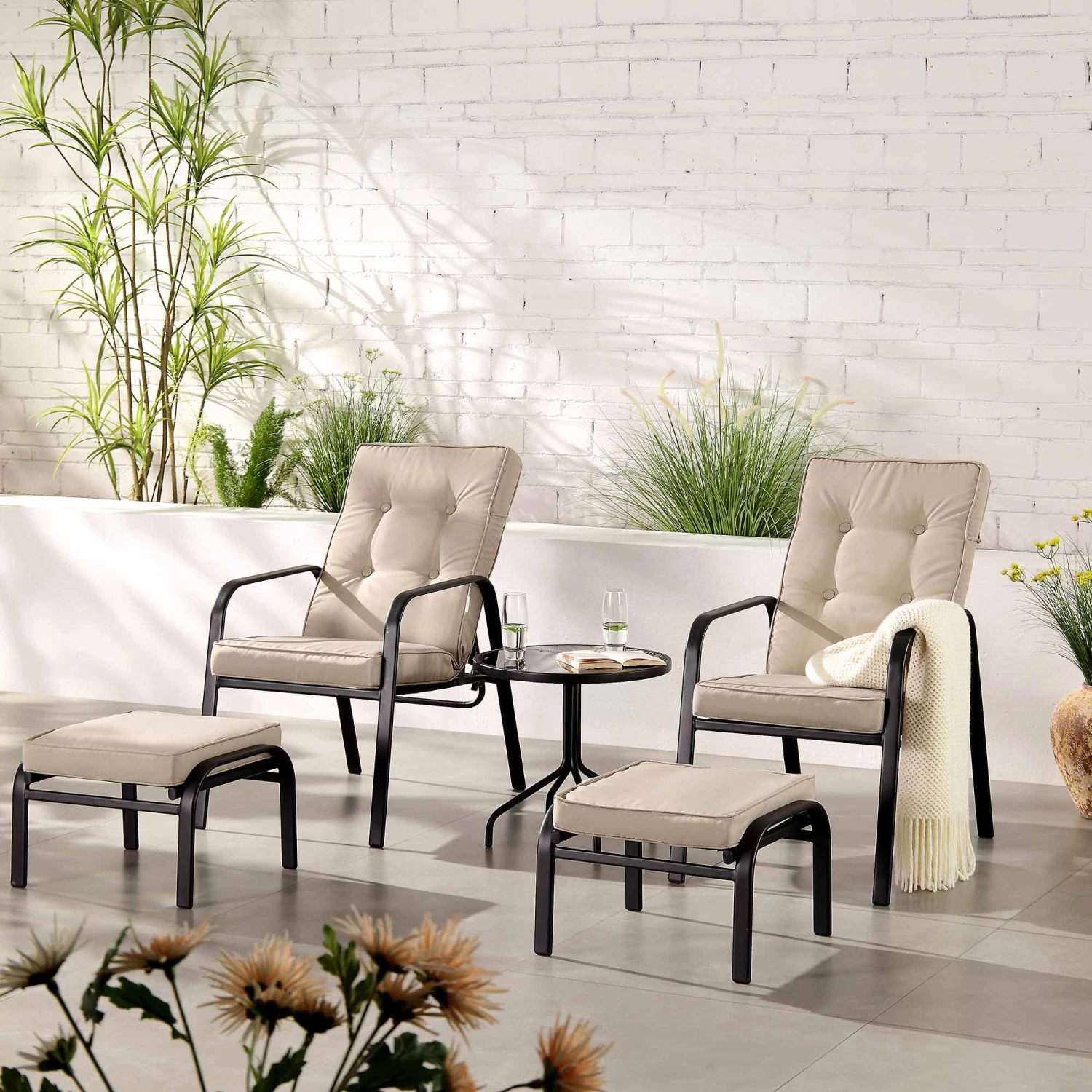 Champneys 2-Seater Steel And Fabric Outdoor Reclining Bistro Set With Stool, Taupe 2 Champneys 2-Seater Steel And Fabric Outdoor Reclining Bistro Set With Stool, Taupe - Image 2