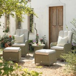 Hampshire 2-Seater Round Wicker Reclining Bistro Set With Stools, Desert Sage