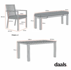 Earlswood Aluminium Washed Wood Effect Dining Set With Bench -Daals OD DINE 1001 CHART